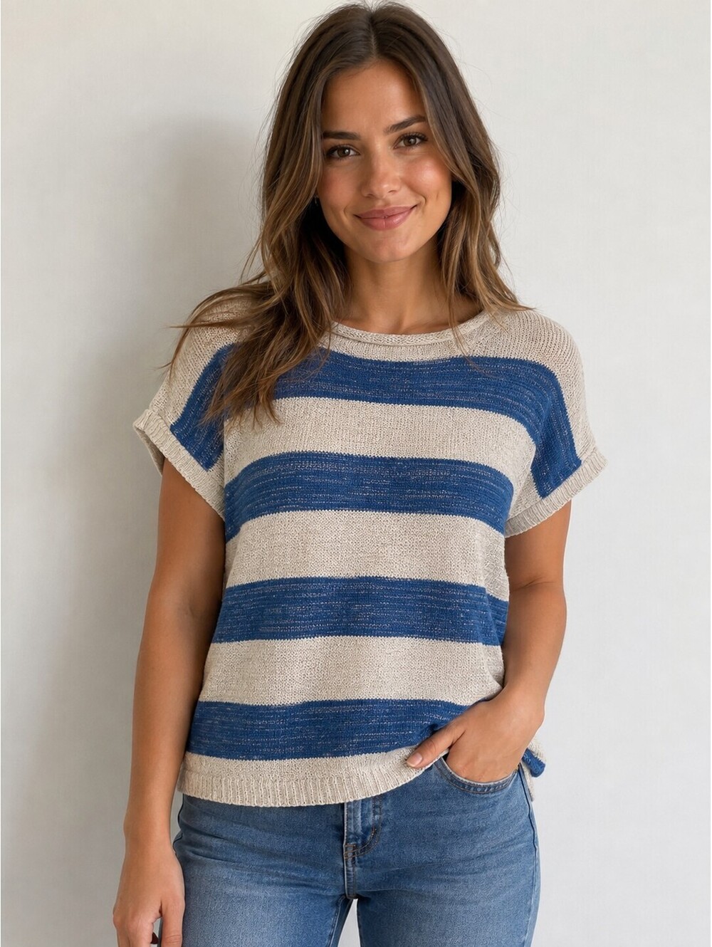 Chaps - Blue & Beige Striped Lightweight Knit Short Sleeve Sweater Top - S